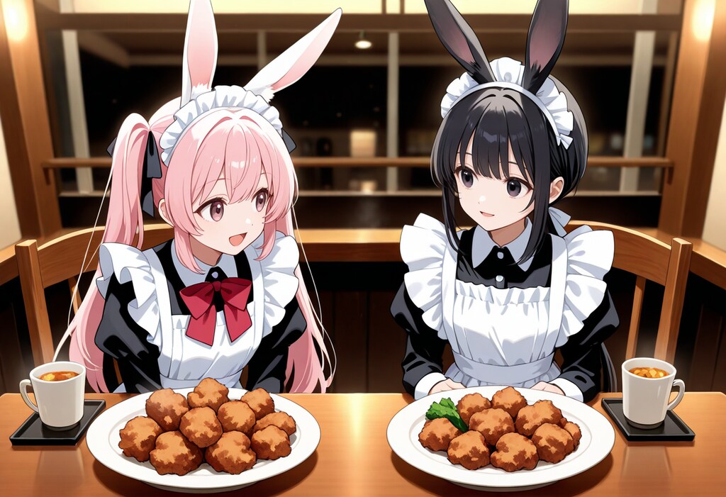 卯茶伝ライカさんと石丸チトセさんが賄い料理の唐揚げを御一緒に