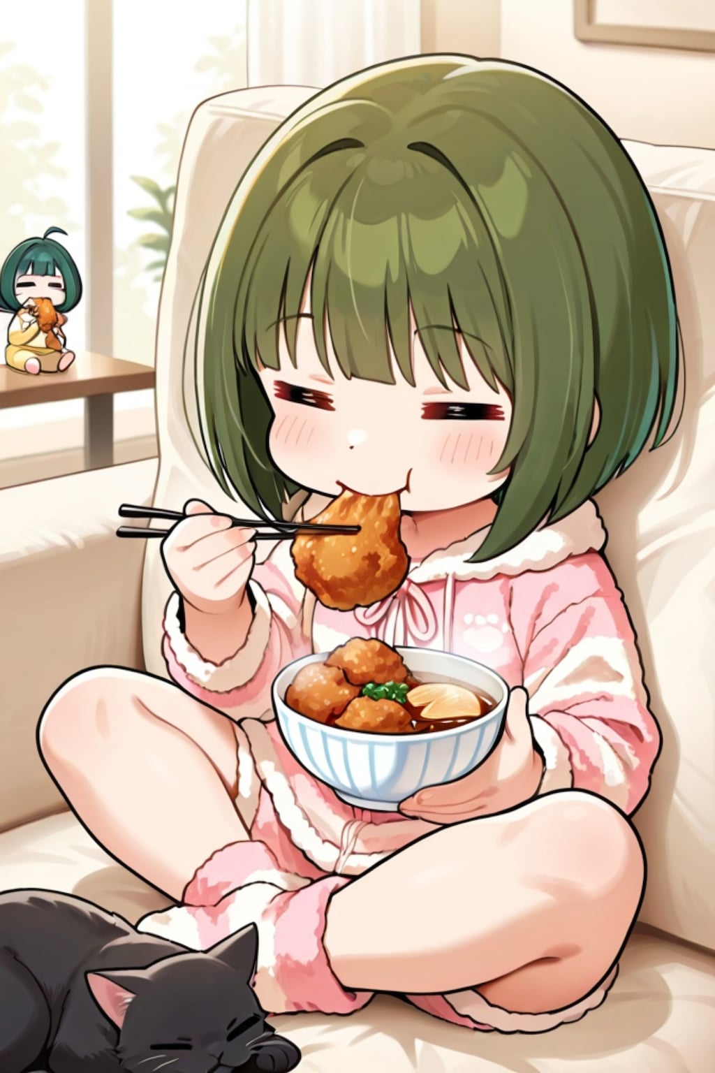 朝ご飯を食べる緑髪ちゃん