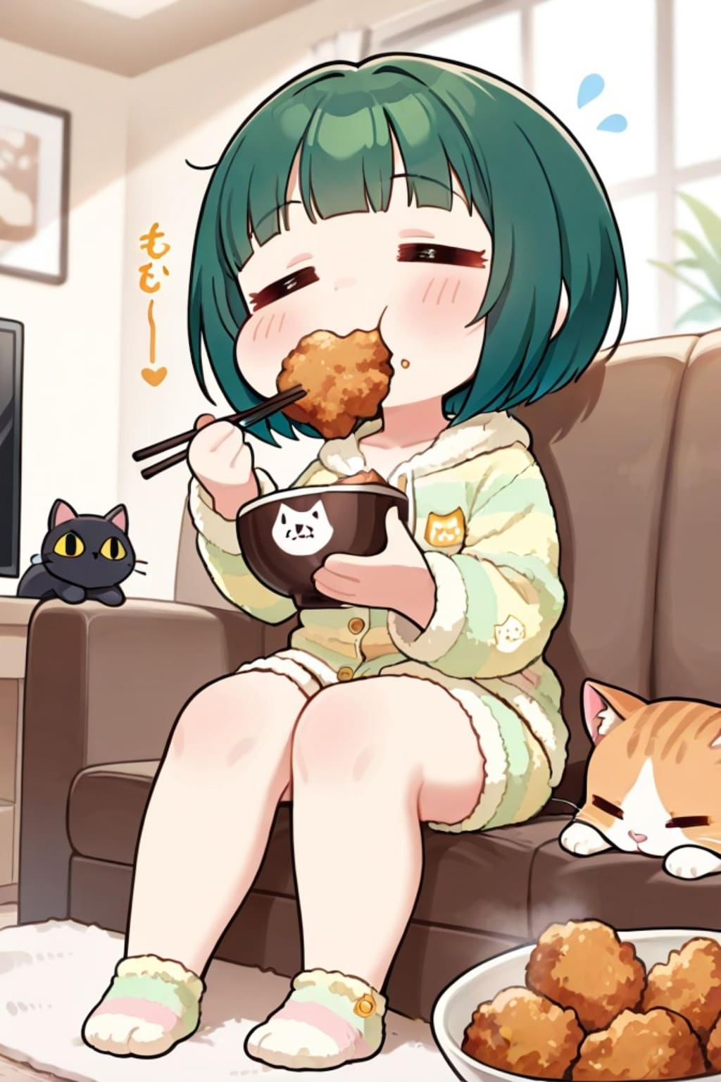 朝ご飯を食べる緑髪ちゃん