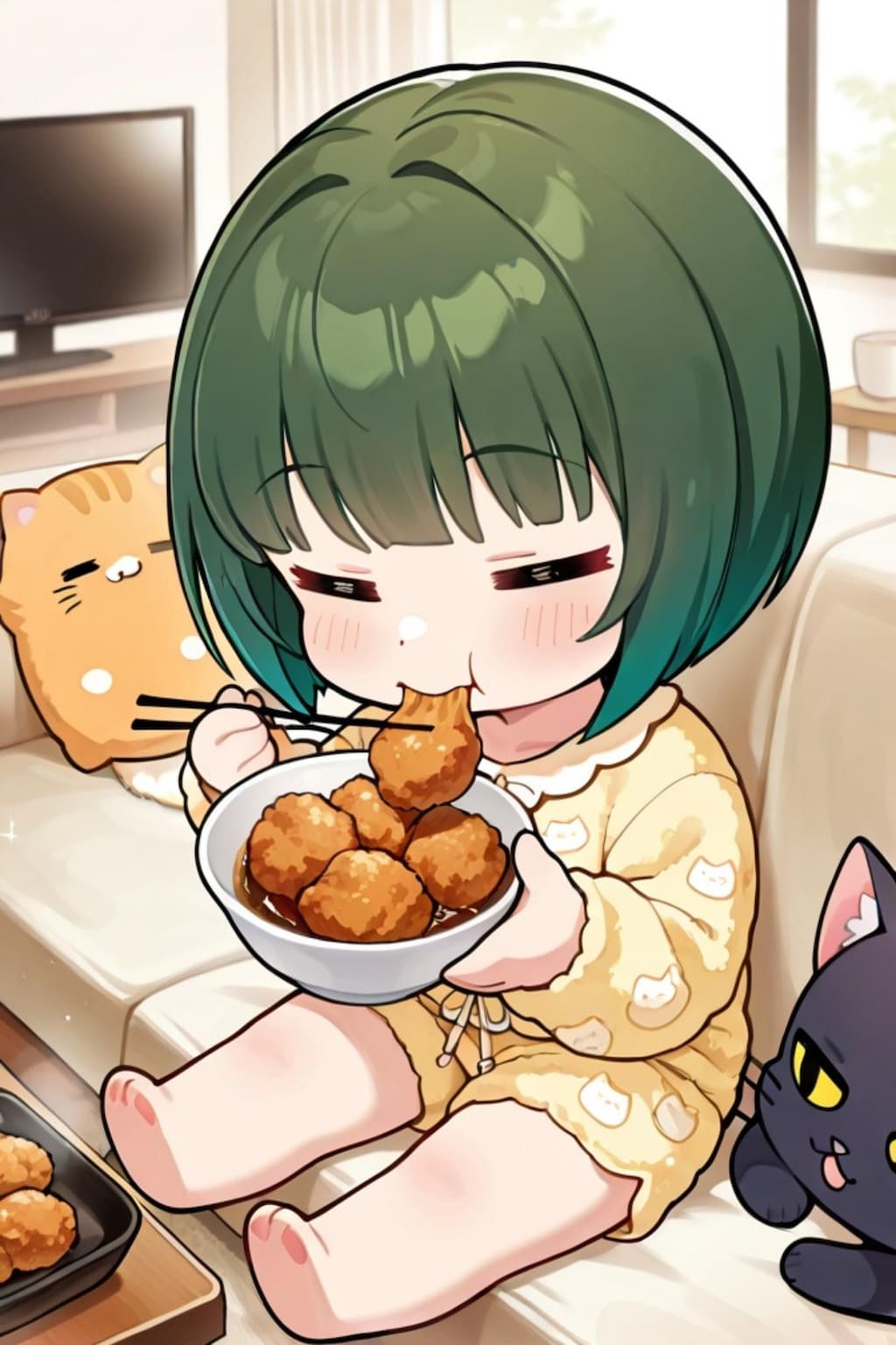 朝ご飯を食べる緑髪ちゃん