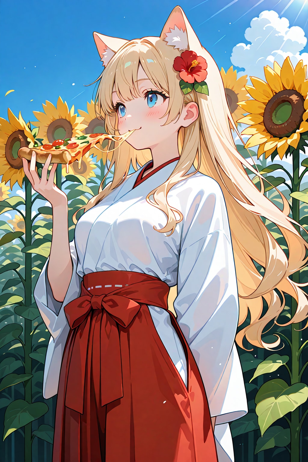 ひまわりと姉巫女様とピザ🍕 | の人気AIイラスト・グラビア