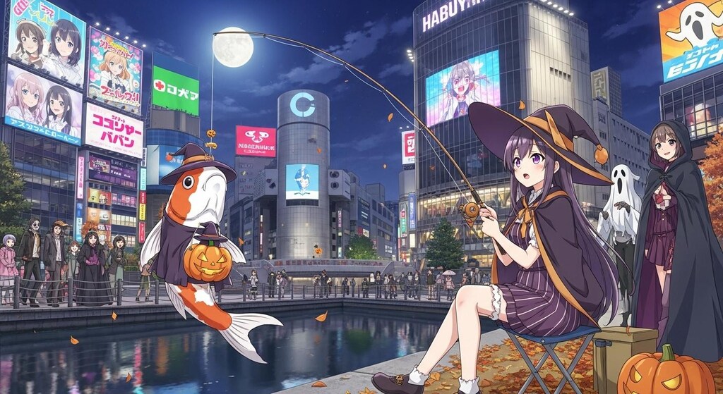 ハロウィン中の渋谷で釣りをする