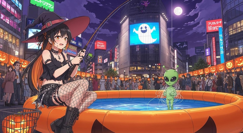 ハロウィン中の渋谷で釣りをする