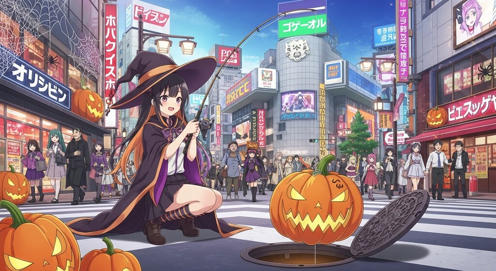 ハロウィン中の渋谷で釣りをする
