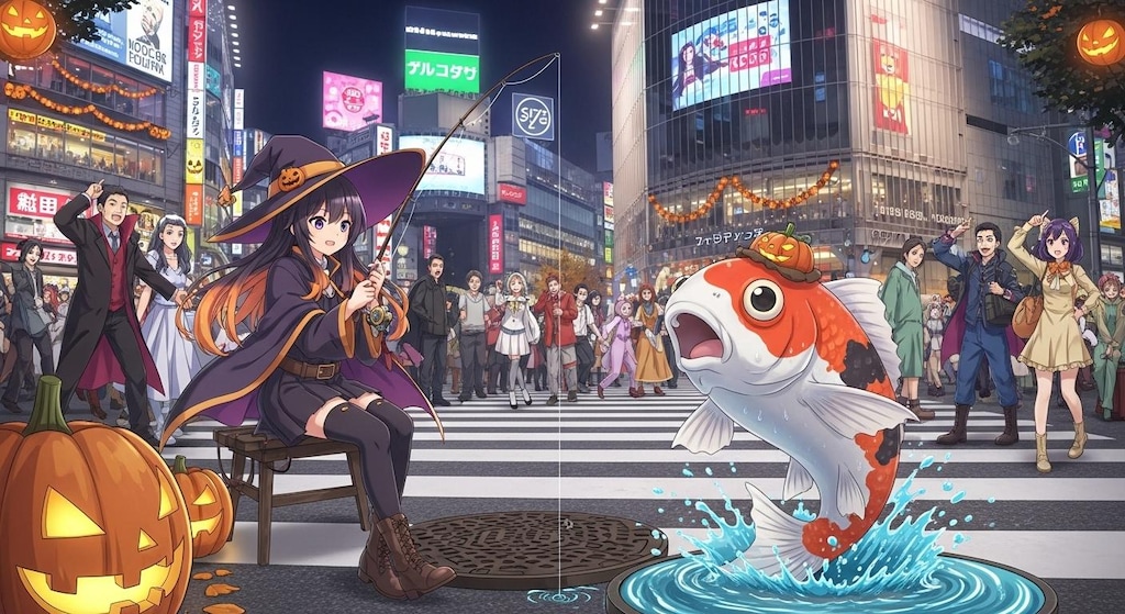 ハロウィン中の渋谷で釣りをする