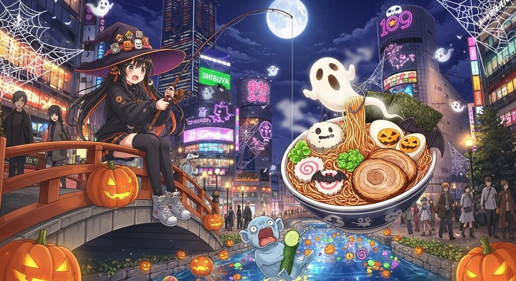 ハロウィン中の渋谷で釣りをする