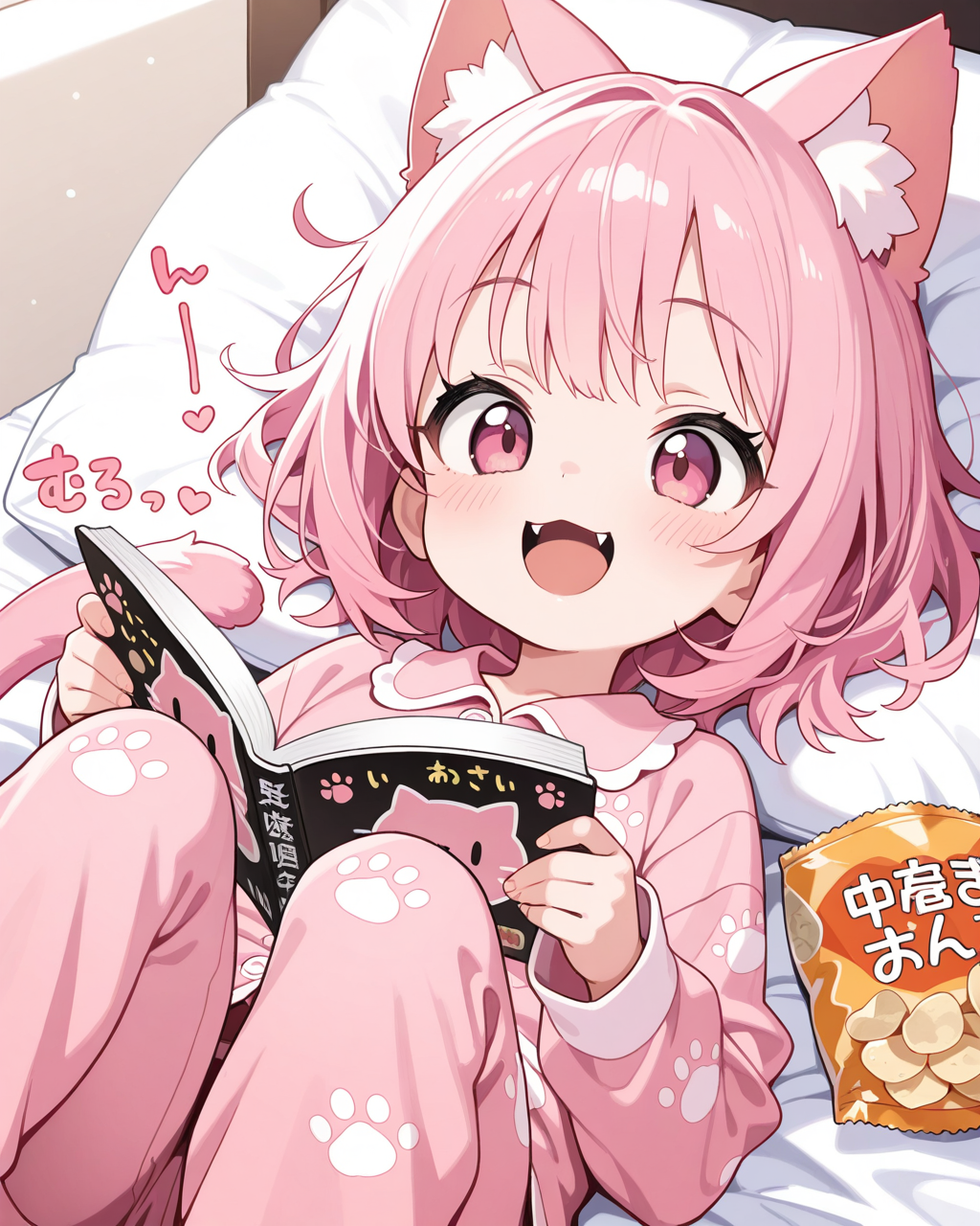 ベッドで漫画を読むねこ。