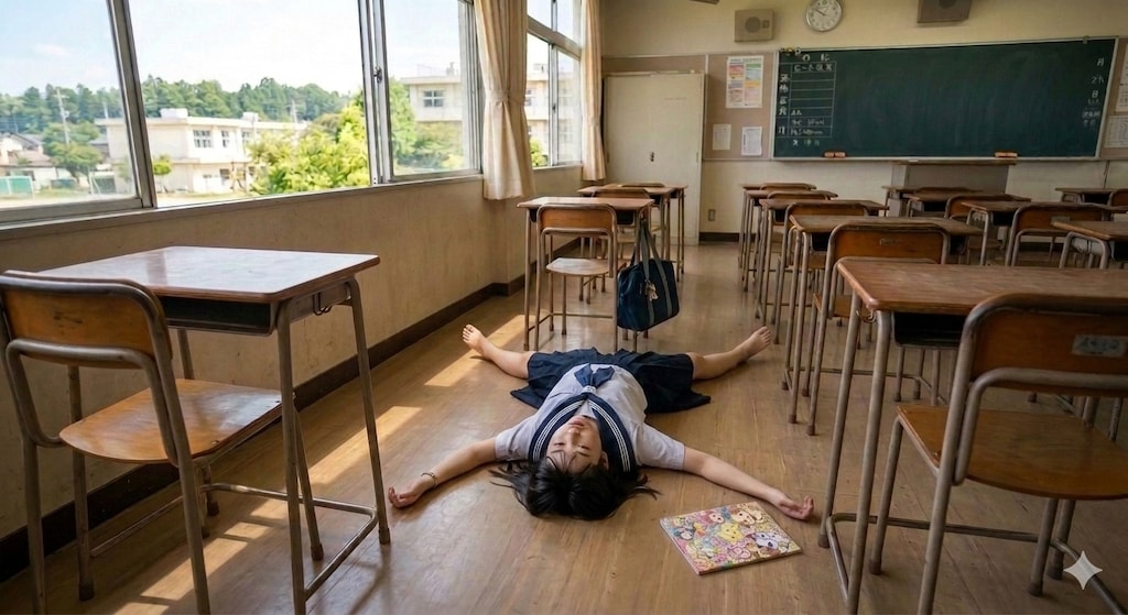 教室の床で､ひんやり…
