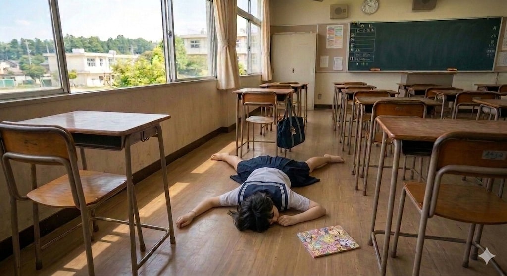 教室の床で､ひんやり…