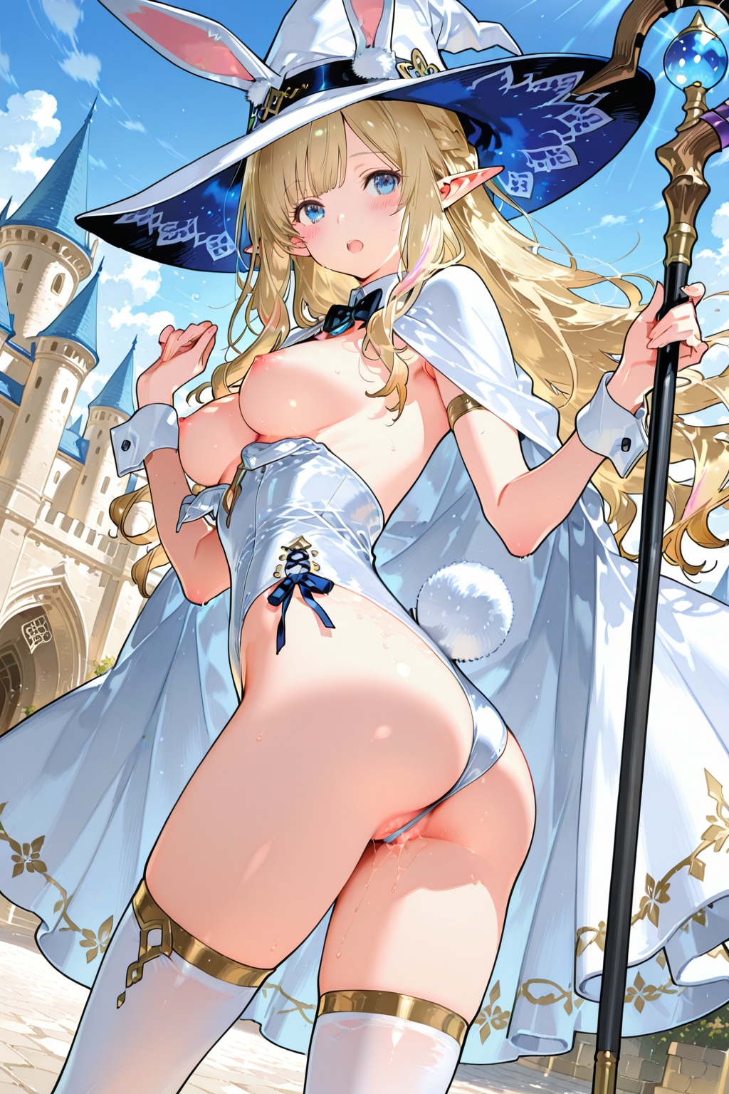 お城の前でポロリ