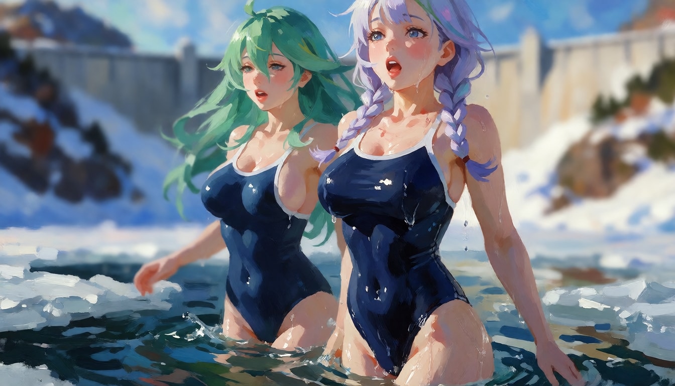 凍った川で
