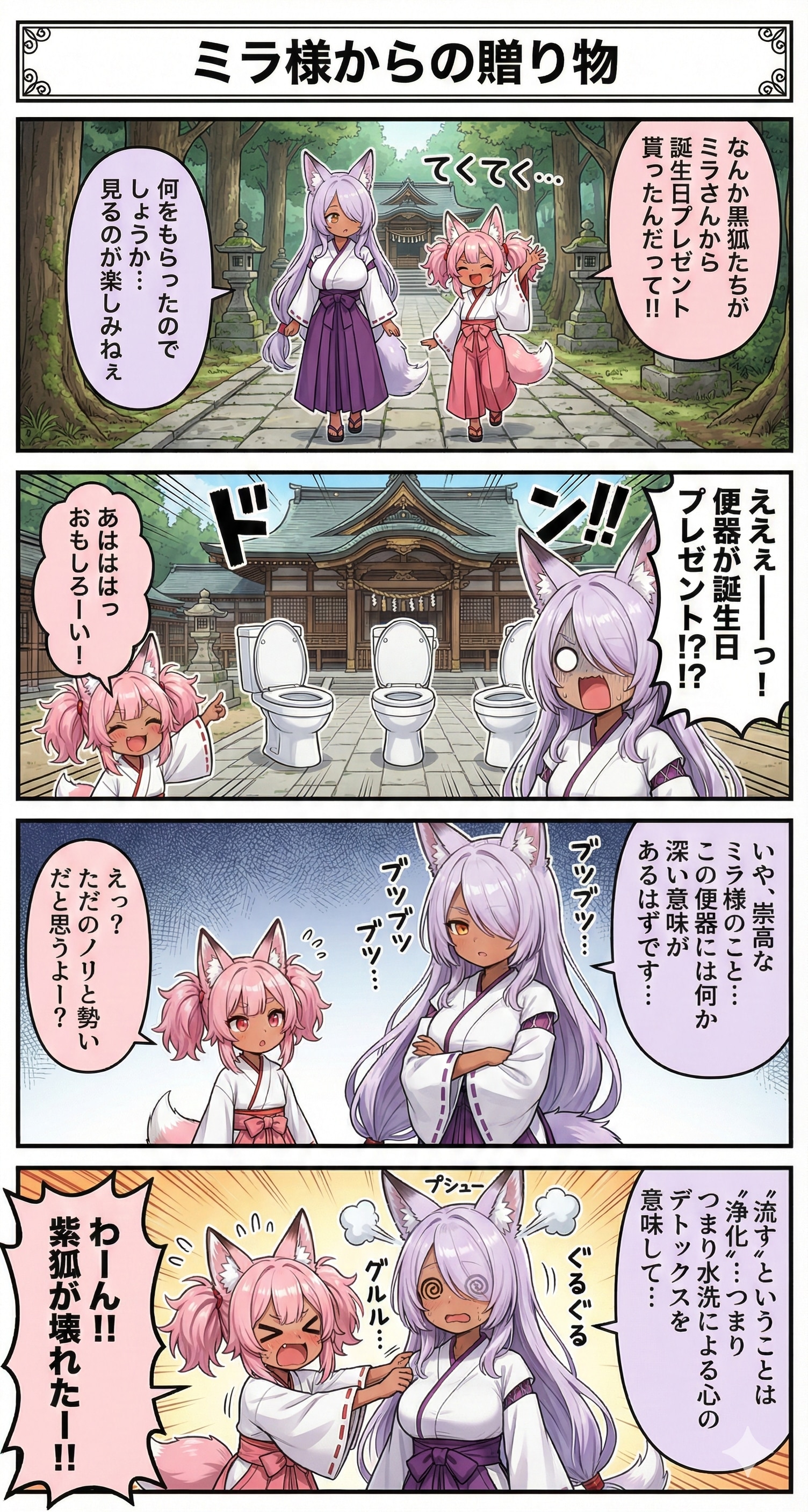 ミラさんからの誕プレを見た桃狐ちゃんと紫狐ちゃん | の人気AIイラスト・グラビア