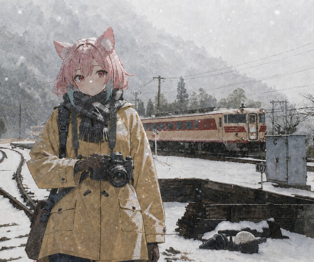 ひだ号を撮影　彼女は、雪の降る日に撮りました。