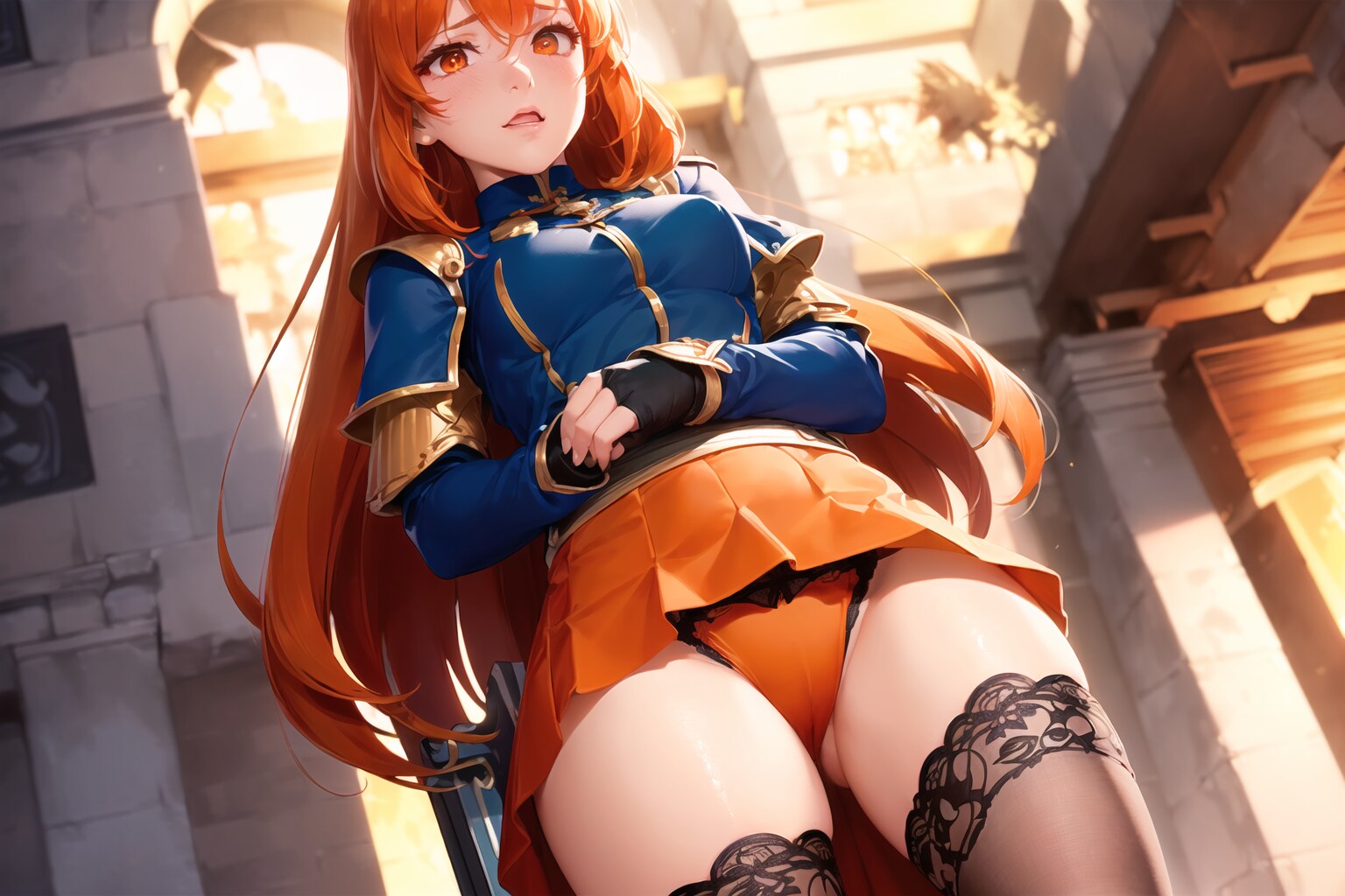 スカートの中を覗かれたオレンジ髪の女騎士様