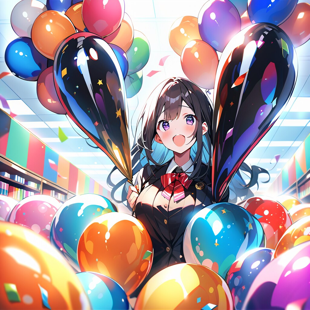 部屋の中でいっぱい風船を膨らませる銀行店員さん | の人気AIイラスト・グラビア