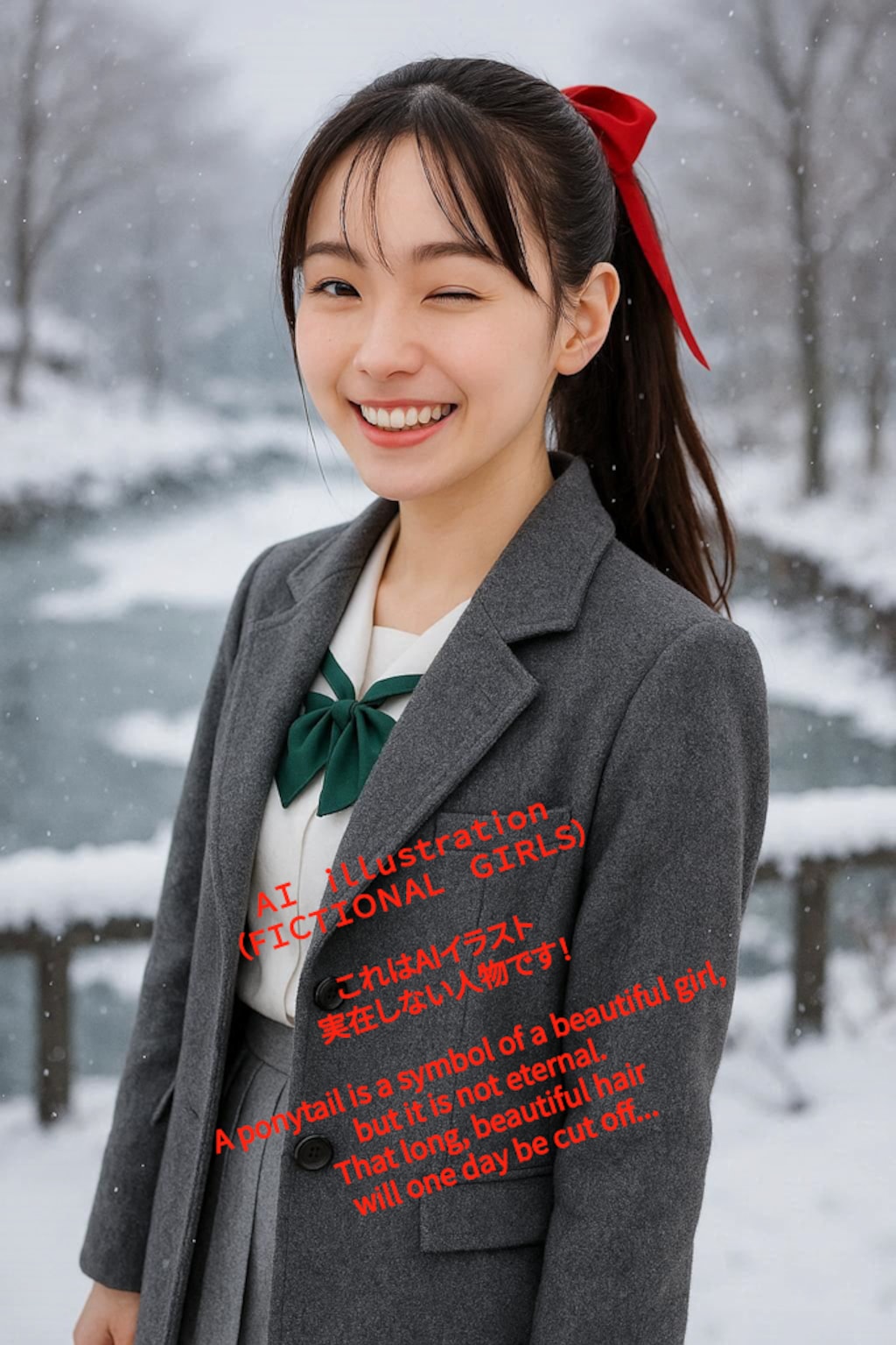 雪景色のポニーテール美少女