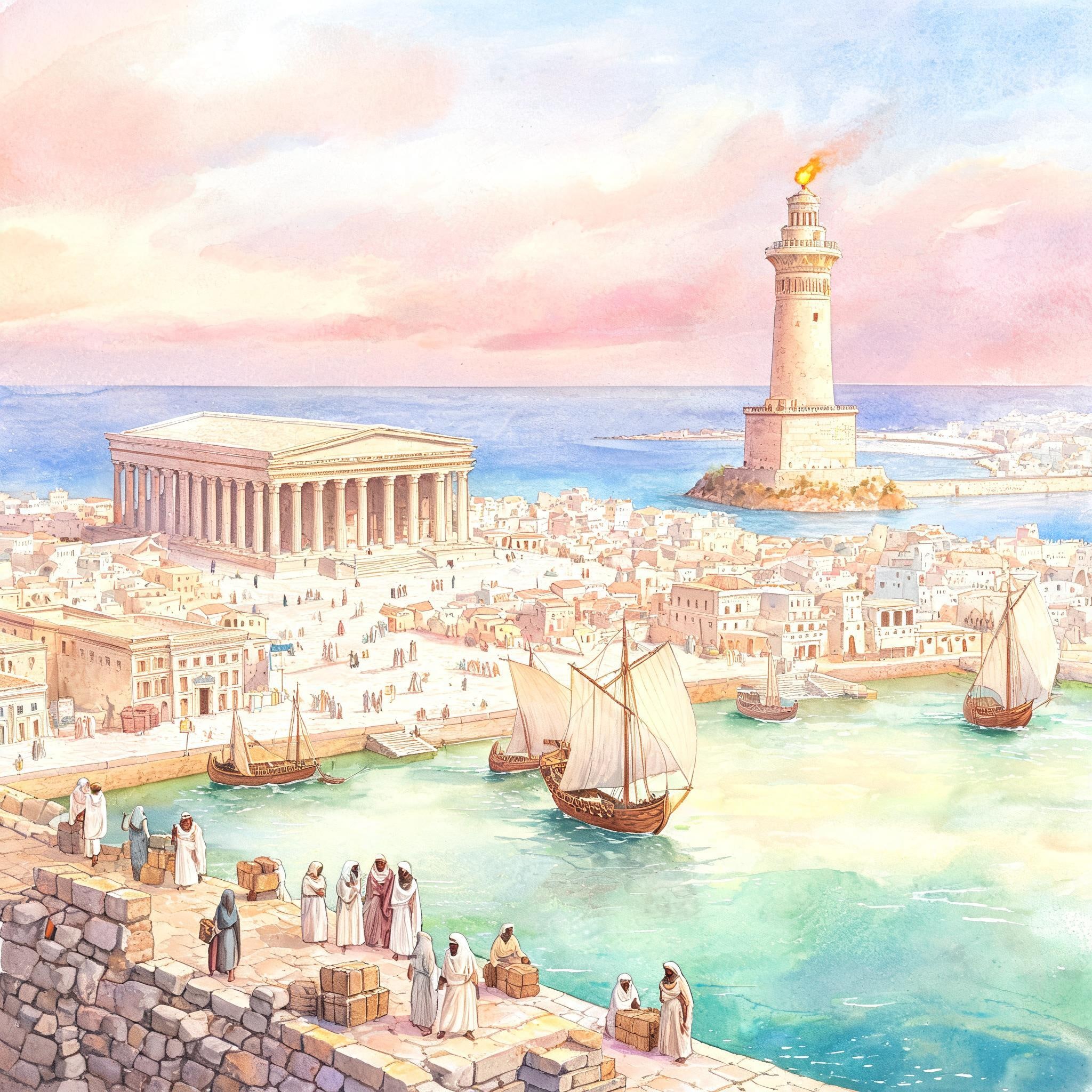 今から約2300年前のエジプト アレクサンドリアの美しい港町の景色 中央の海側にアレクサンドリア大図書館やファロス大灯台も描かれている | の人気AIイラスト・グラビア