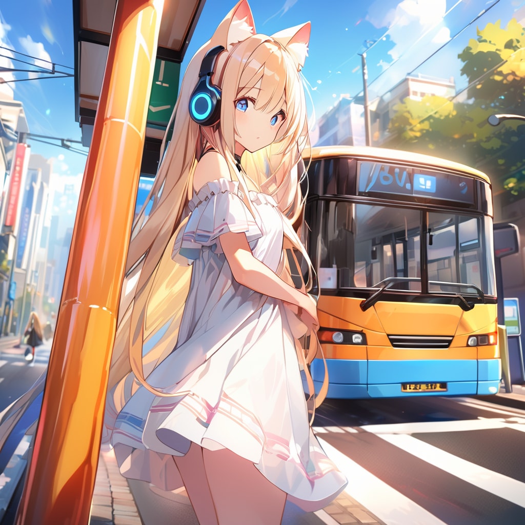 猫耳さん、バス停待ち
