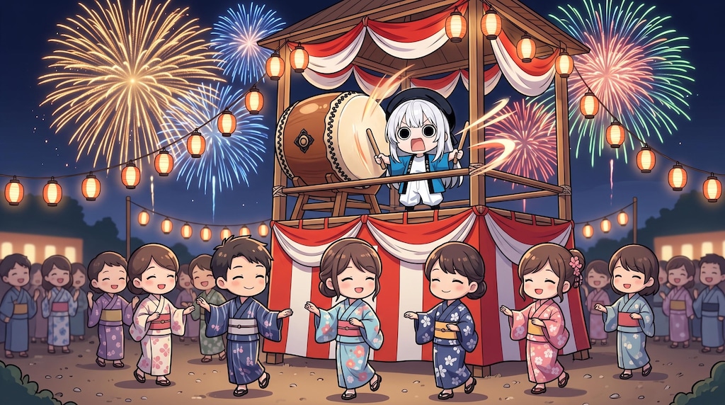 夏祭りで太鼓を叩くえらいこっちゃ嬢