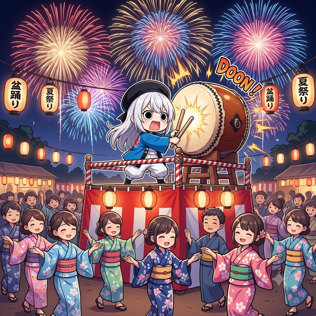 夏祭りで太鼓を叩くえらいこっちゃ嬢