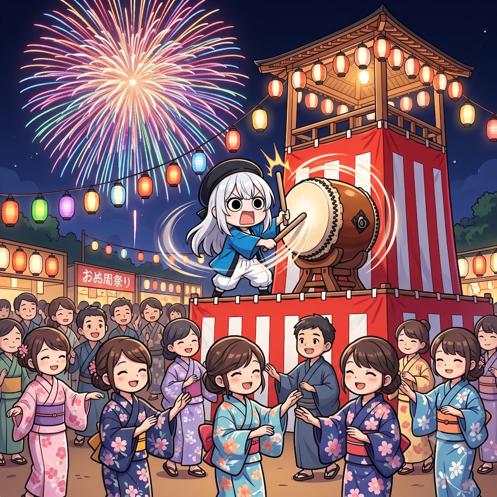 夏祭りで太鼓を叩くえらいこっちゃ嬢
