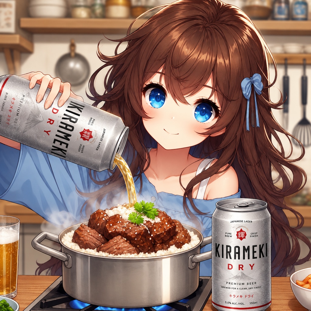 牛肉のビール煮(カルボナード)を作る小さな女の子