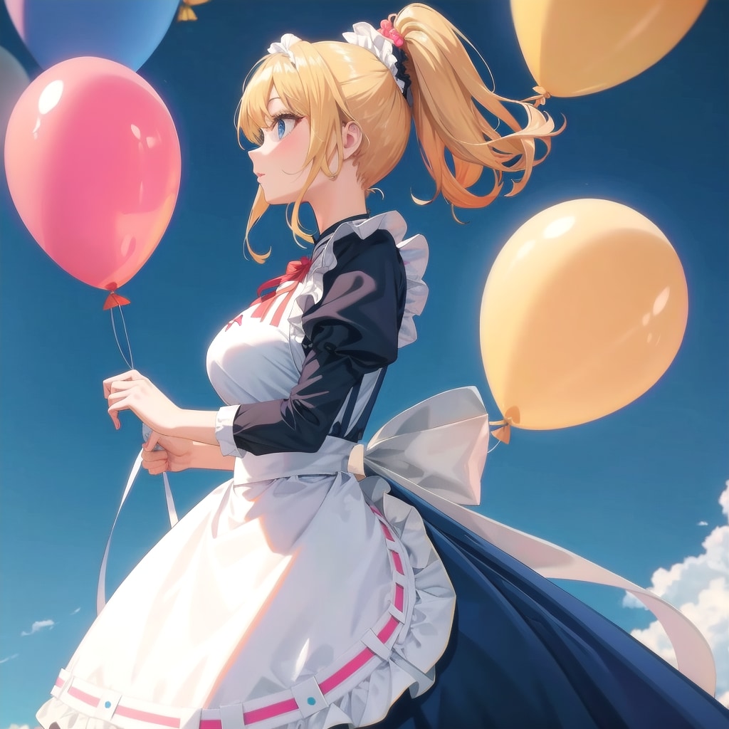 いっぱい色とりどりの風船を持つブロンドポニーテールのメイド服着た美女