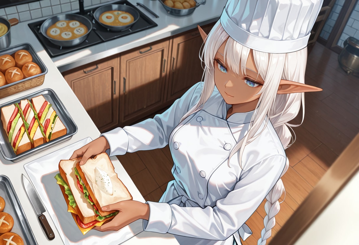 サンドイッチを切り分けて仕上げるパン屋を営むダークエルフさん | の人気AIイラスト・グラビア