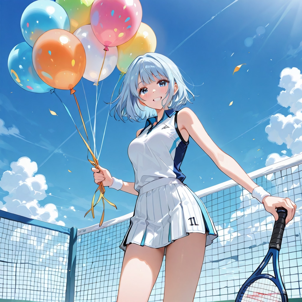 いっぱい色とりどりの風船を持つ水色髪ロングのテニスウェア着た美女 | の人気AIイラスト・グラビア