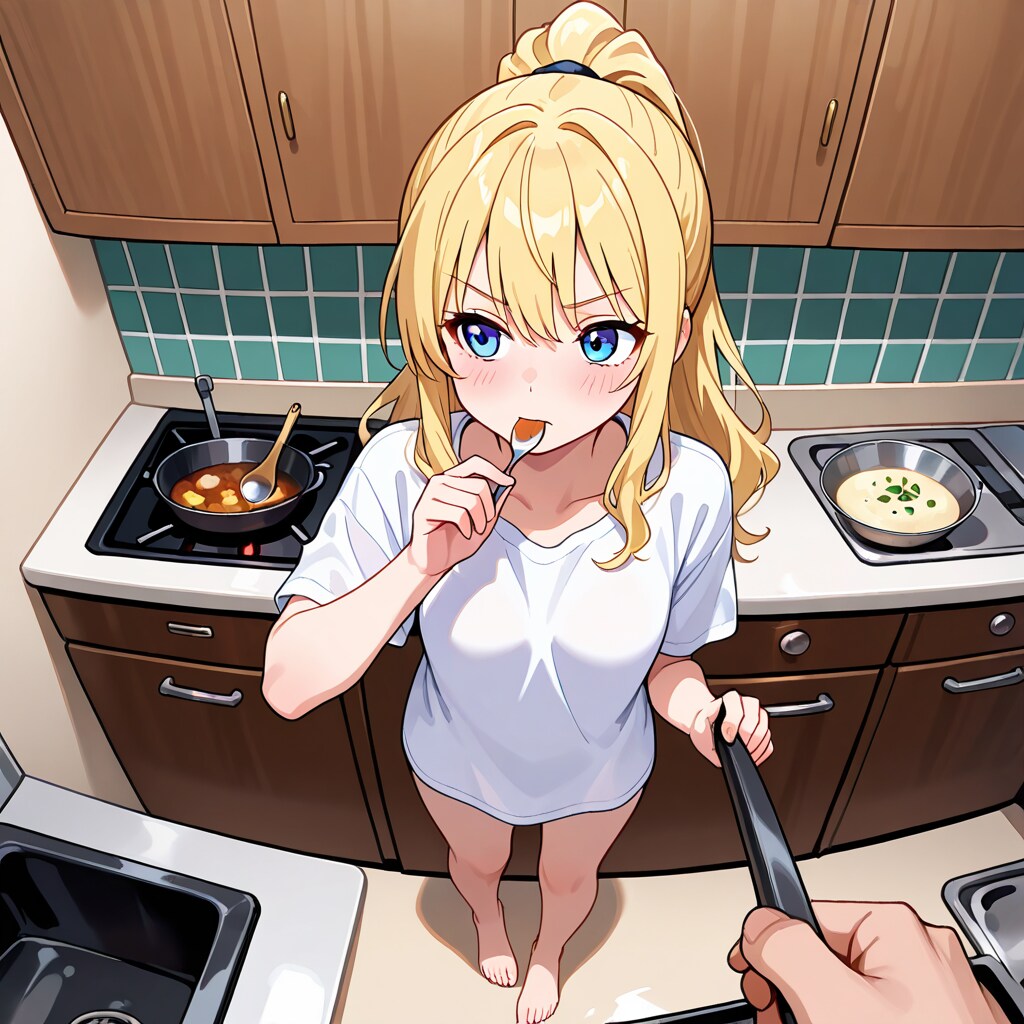 料理を作る彼シャツの彼女
