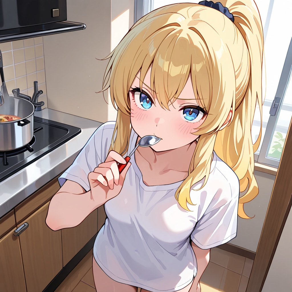 料理を作る彼シャツの彼女