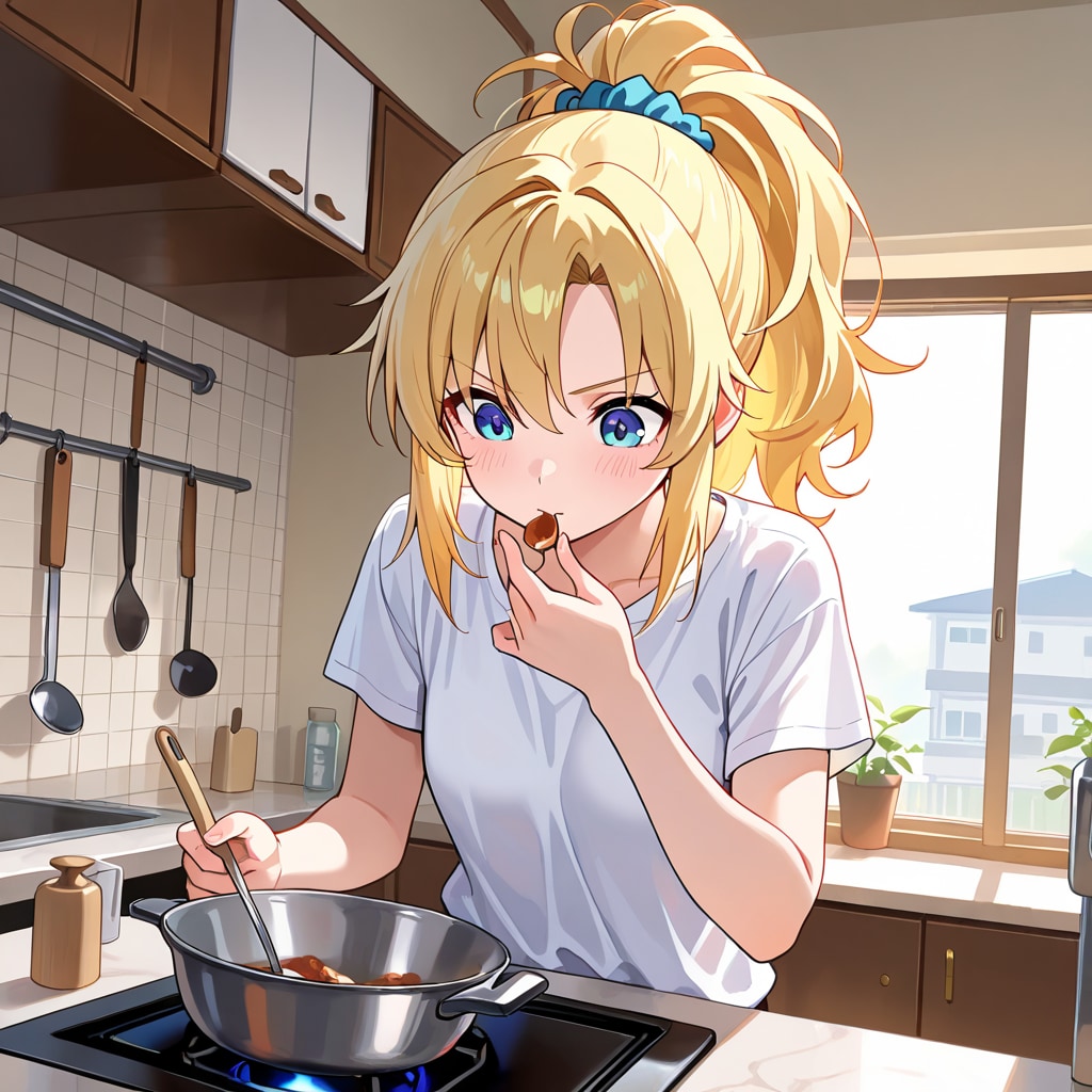 料理を作る彼シャツの彼女