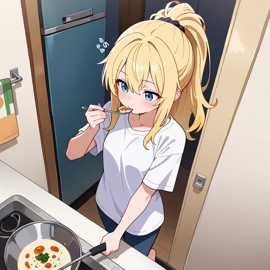 料理を作る彼シャツの彼女