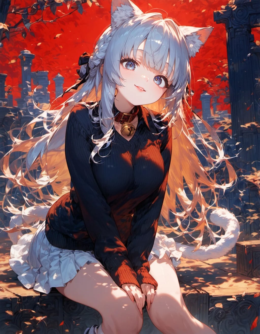 White Neko in Autumn Ruin