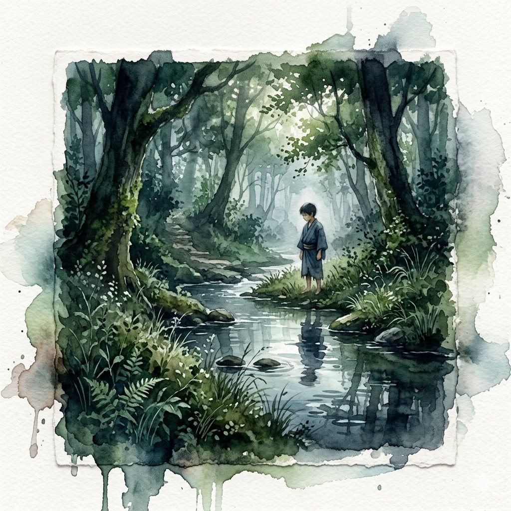 小川を覗く少年