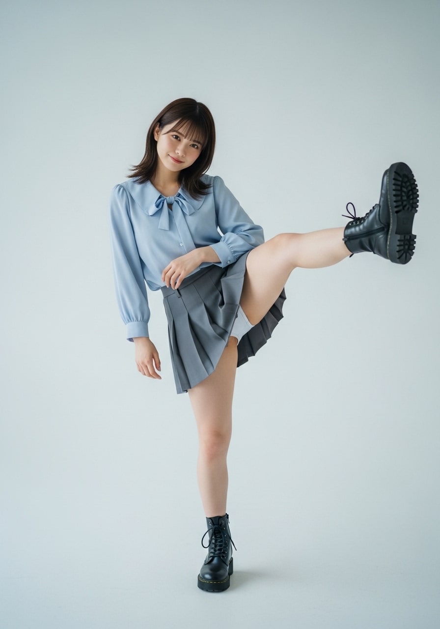 あんまり脚は上がらないですけど、やってみますね。えいっ！
