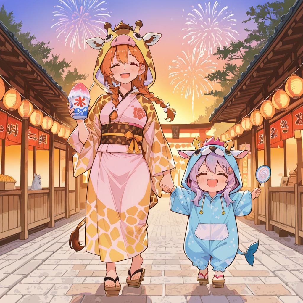 下駄の日を大いに盛り上げるキリン着ぐるみちび子ちゃんたち