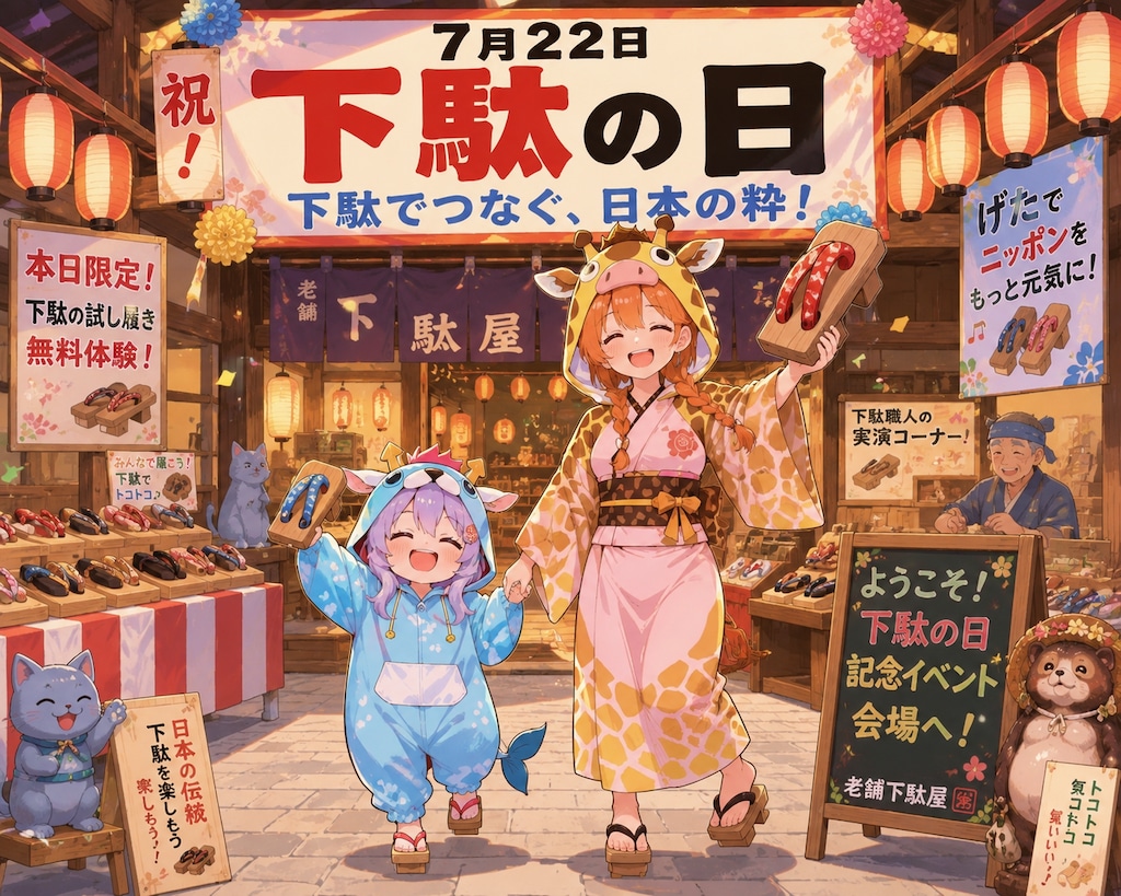 下駄の日を大いに盛り上げるキリン着ぐるみちび子ちゃんたち