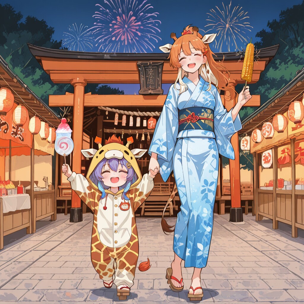 下駄の日を大いに盛り上げるキリン着ぐるみちび子ちゃんたち