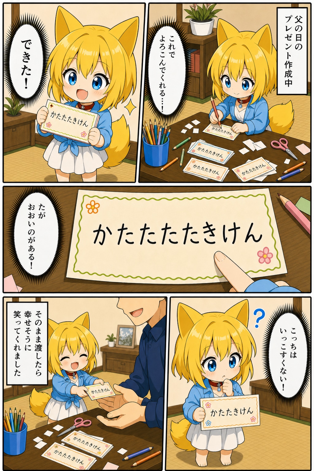 父の日に渡すための肩たたき券をこしらえるキツネ