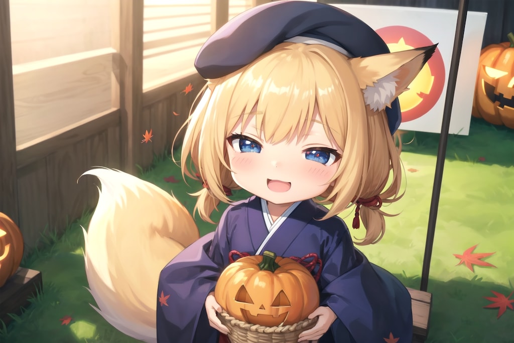 カボチャを飾るちびちゃん。