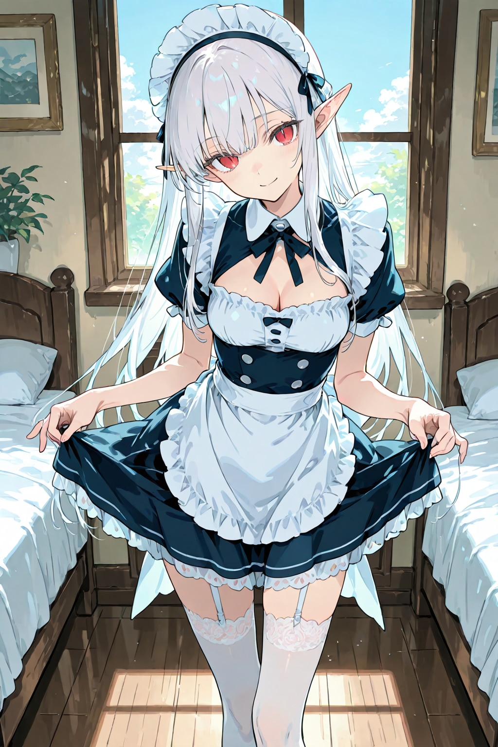 おねだり『ご主人様、今日もベッドメイキングは完璧です。……あの、ご褒美を所望しても？』ネージュ（エルフメイド） | の人気AIイラスト・グラビア