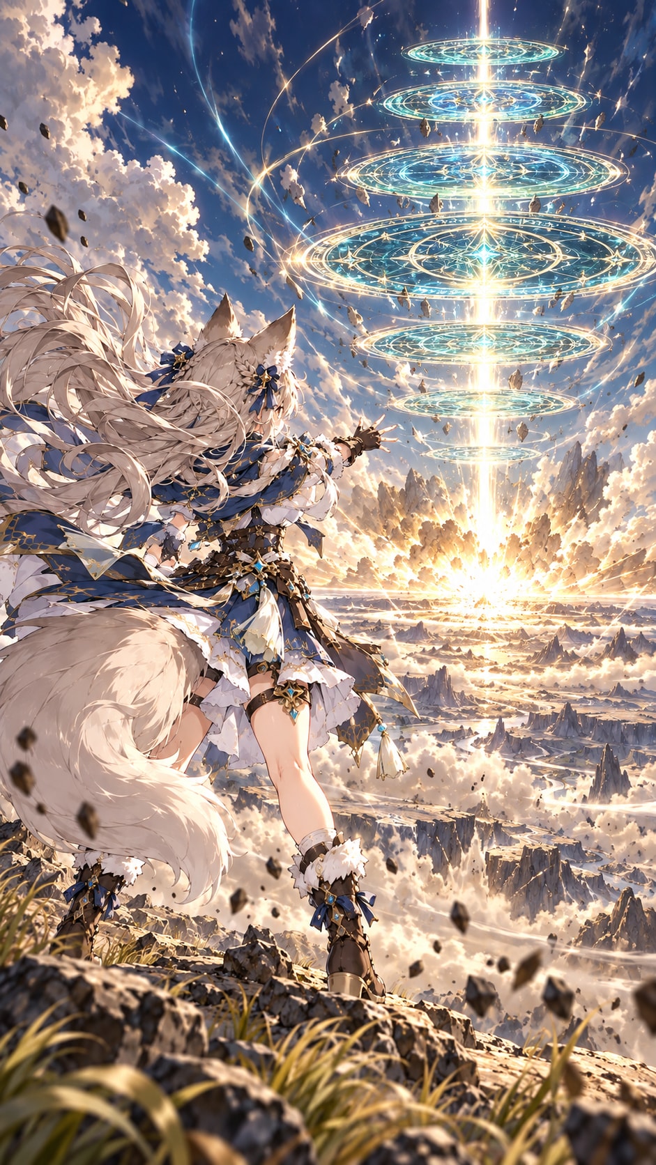 A wolf-eared traveler standing before a massive magic circle, watching the world rewrite itself belo | の人気AIイラスト・グラビア