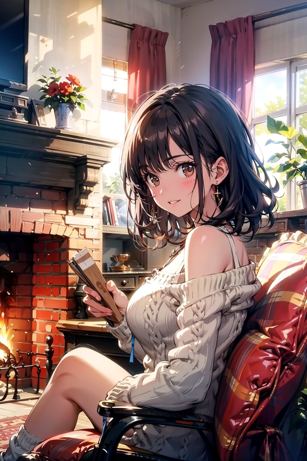 暖炉と女性