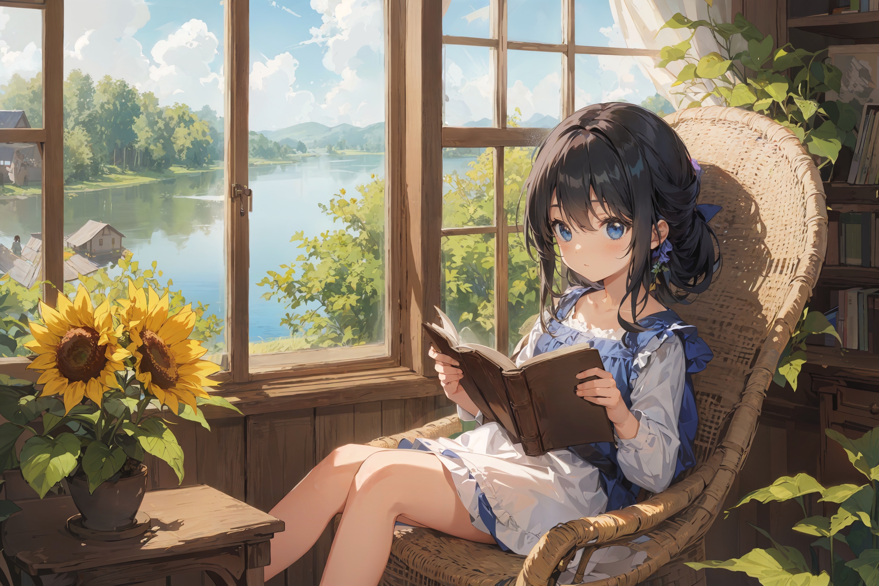 本を読む少女と向日葵