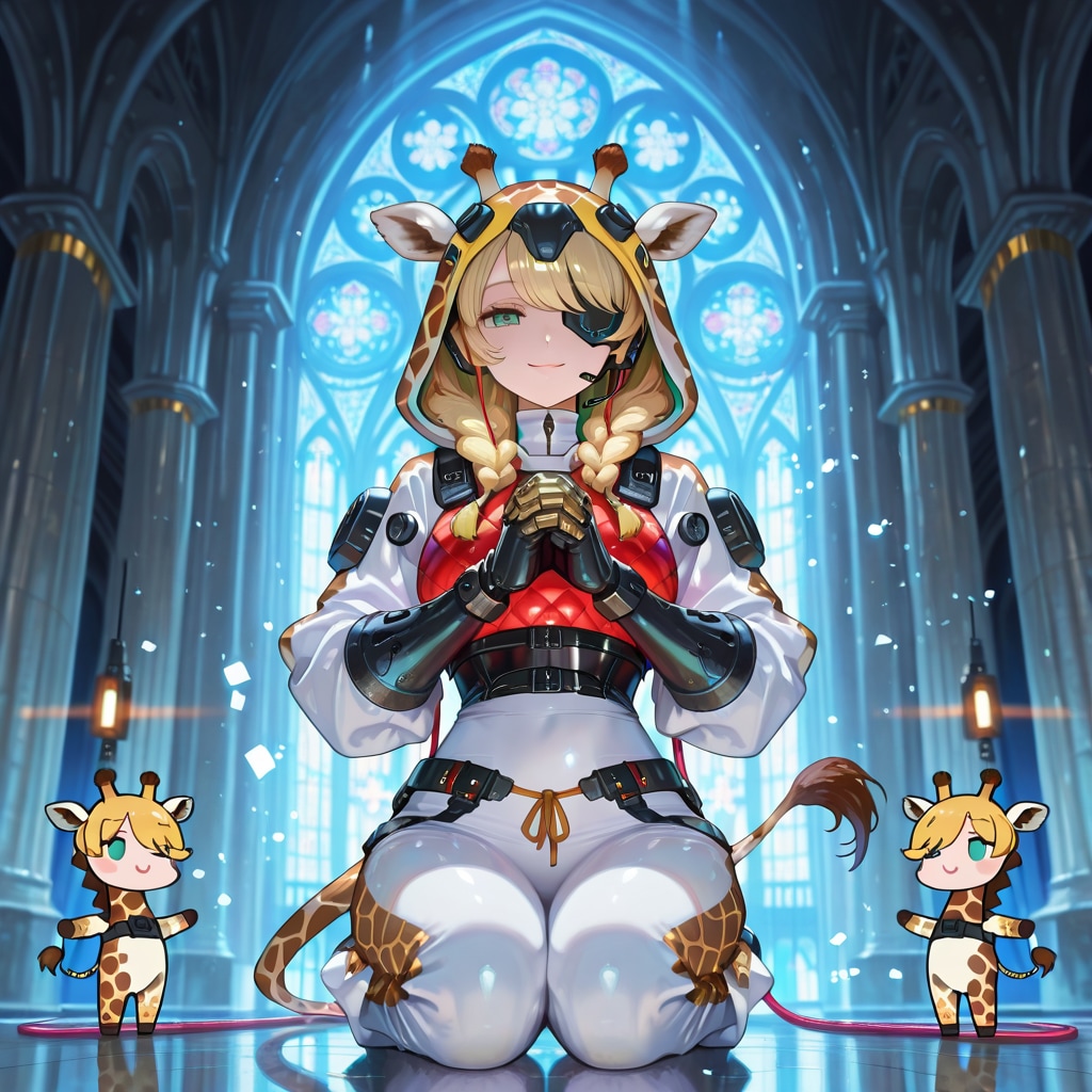 大聖堂に座り込んで祈りを捧げるキリンフーディーバトルスーツお姉さんとちび子ちゃん