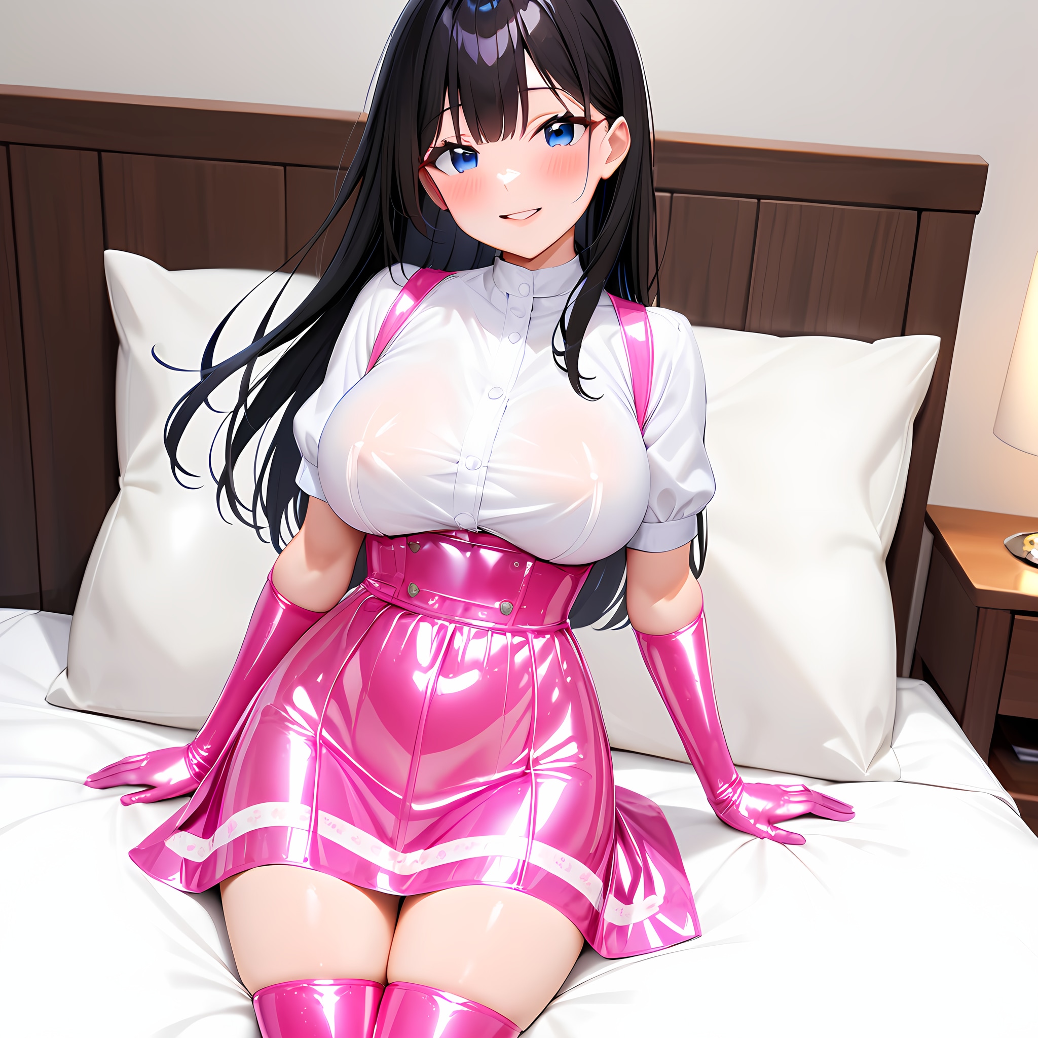 光沢ピンクエナメルアンミラ風ピンク長手袋ピンクサイハイソックス