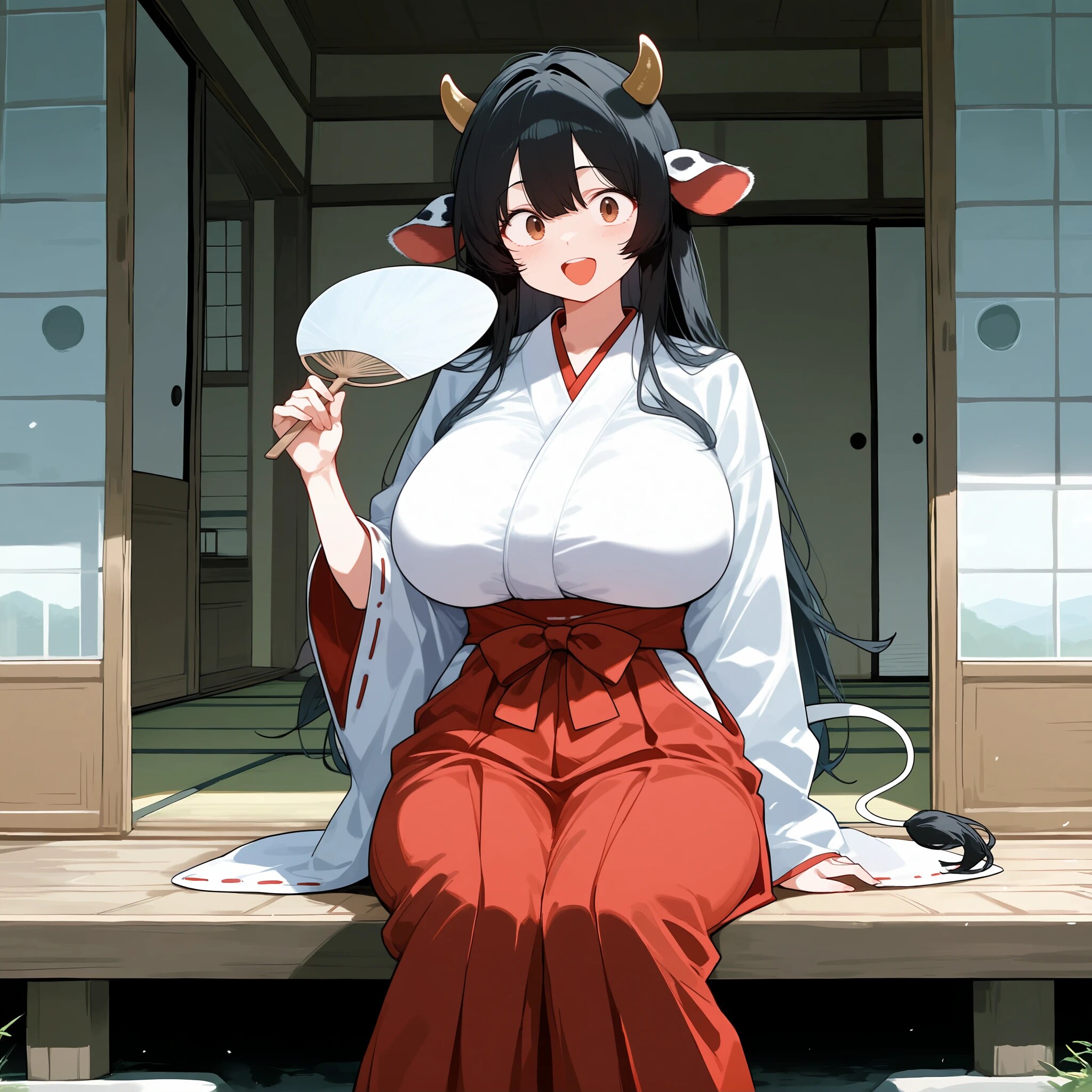 縁側で涼む巫女（バイト中）　牛娘さん