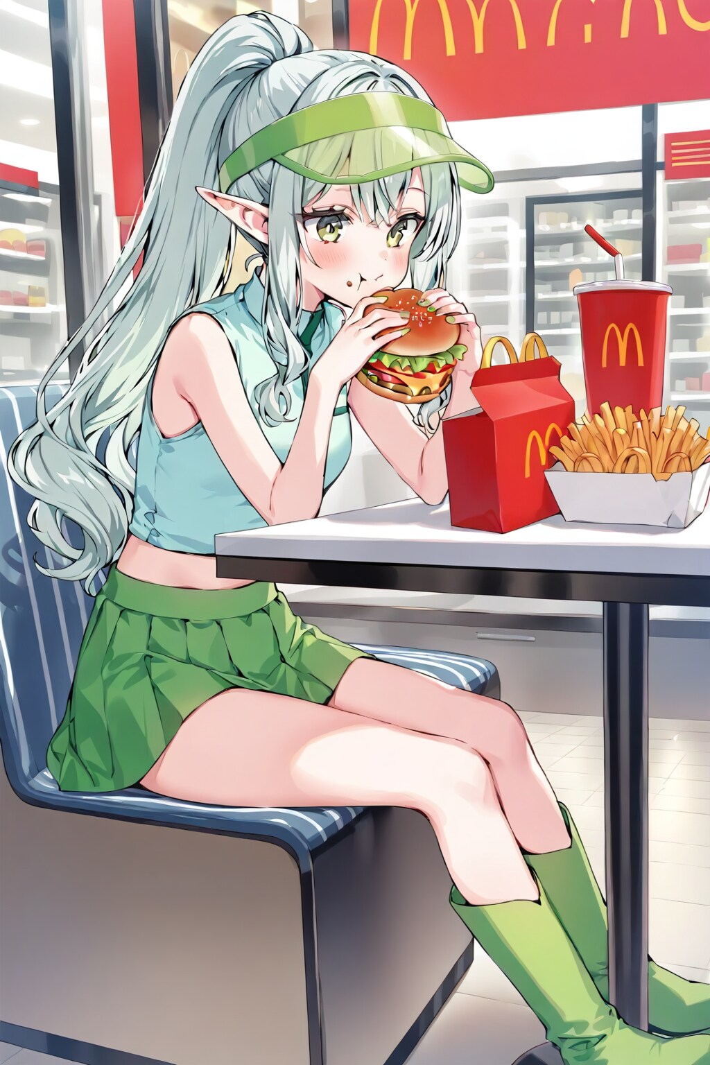 店内でハンバーガーを食べる銀髪エルフの女の子
