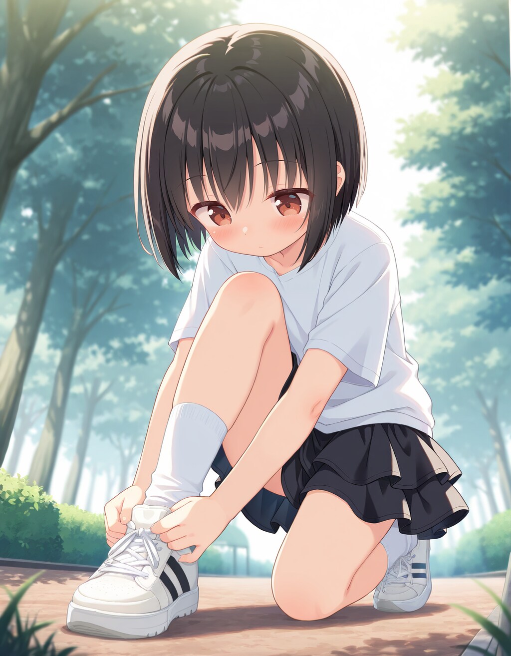 靴ひもを結ぶ少女